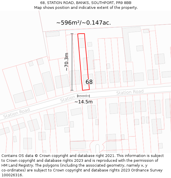 68, STATION ROAD, BANKS, SOUTHPORT, PR9 8BB: Plot and title map