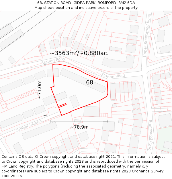 68, STATION ROAD, GIDEA PARK, ROMFORD, RM2 6DA: Plot and title map