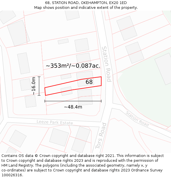 68, STATION ROAD, OKEHAMPTON, EX20 1ED: Plot and title map