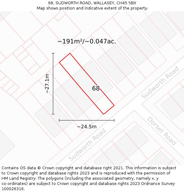 68, SUDWORTH ROAD, WALLASEY, CH45 5BX: Plot and title map