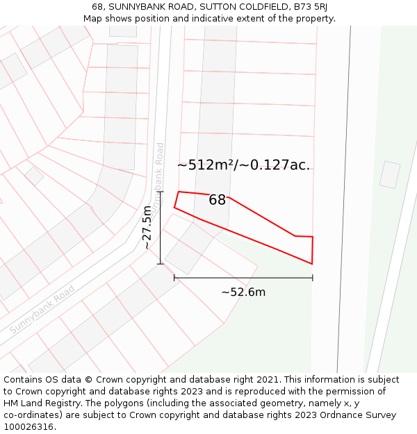 68, SUNNYBANK ROAD, SUTTON COLDFIELD, B73 5RJ: Plot and title map