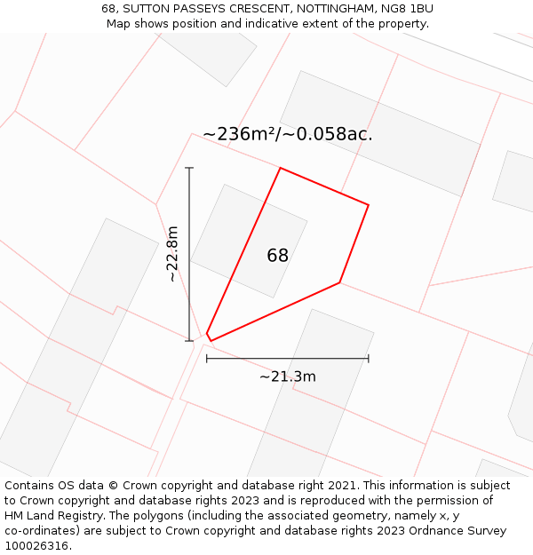 68, SUTTON PASSEYS CRESCENT, NOTTINGHAM, NG8 1BU: Plot and title map