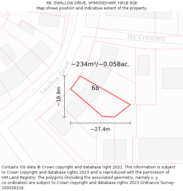 68, SWALLOW DRIVE, WYMONDHAM, NR18 9GE: Plot and title map