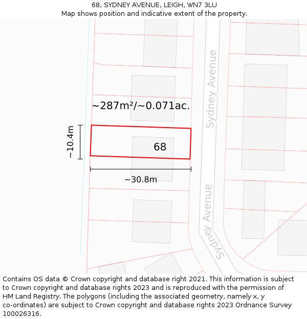 68, SYDNEY AVENUE, LEIGH, WN7 3LU: Plot and title map