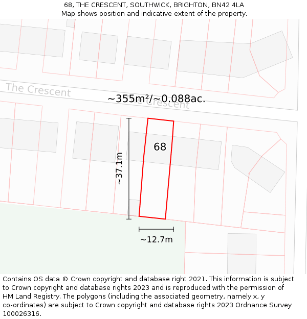 68, THE CRESCENT, SOUTHWICK, BRIGHTON, BN42 4LA: Plot and title map