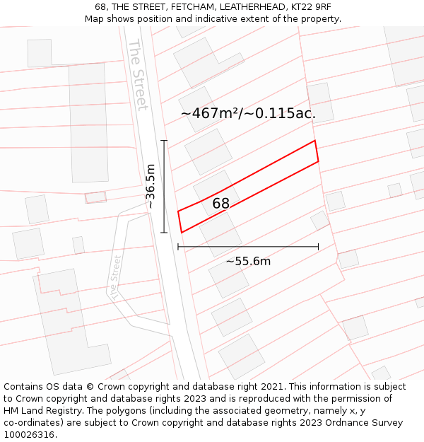 68, THE STREET, FETCHAM, LEATHERHEAD, KT22 9RF: Plot and title map