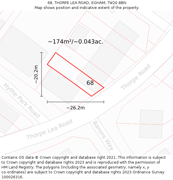 68, THORPE LEA ROAD, EGHAM, TW20 8BN: Plot and title map