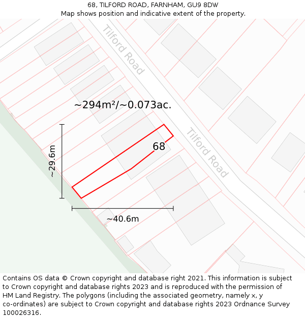 68, TILFORD ROAD, FARNHAM, GU9 8DW: Plot and title map