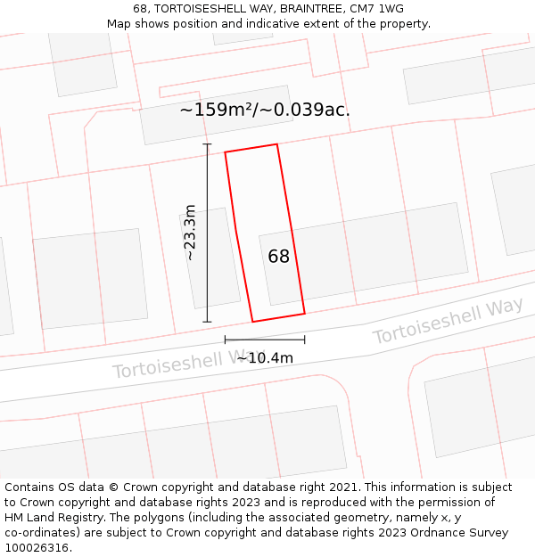 68, TORTOISESHELL WAY, BRAINTREE, CM7 1WG: Plot and title map