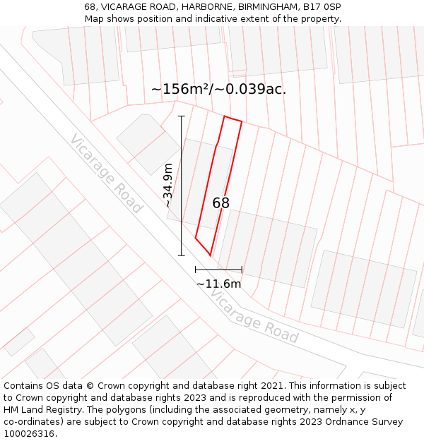 68, VICARAGE ROAD, HARBORNE, BIRMINGHAM, B17 0SP: Plot and title map