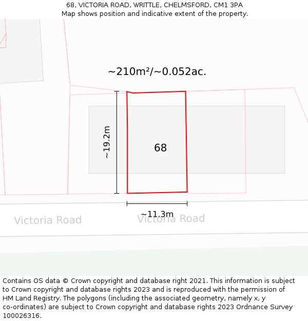 68, VICTORIA ROAD, WRITTLE, CHELMSFORD, CM1 3PA: Plot and title map