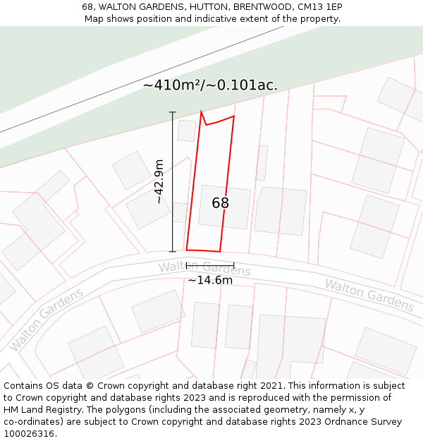 68, WALTON GARDENS, HUTTON, BRENTWOOD, CM13 1EP: Plot and title map