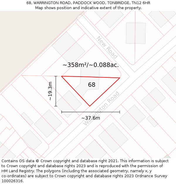 68, WARRINGTON ROAD, PADDOCK WOOD, TONBRIDGE, TN12 6HR: Plot and title map