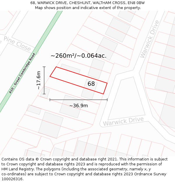 68, WARWICK DRIVE, CHESHUNT, WALTHAM CROSS, EN8 0BW: Plot and title map