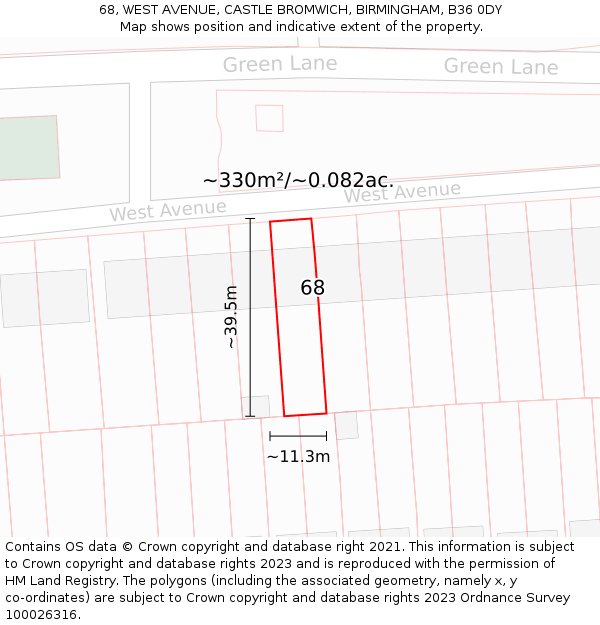 68, WEST AVENUE, CASTLE BROMWICH, BIRMINGHAM, B36 0DY: Plot and title map