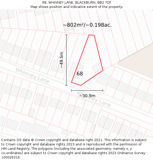 68, WHINNEY LANE, BLACKBURN, BB2 7DF: Plot and title map