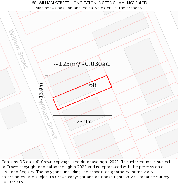 68, WILLIAM STREET, LONG EATON, NOTTINGHAM, NG10 4GD: Plot and title map