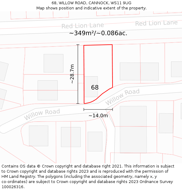 68, WILLOW ROAD, CANNOCK, WS11 9UG: Plot and title map