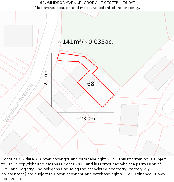 68, WINDSOR AVENUE, GROBY, LEICESTER, LE6 0YF: Plot and title map