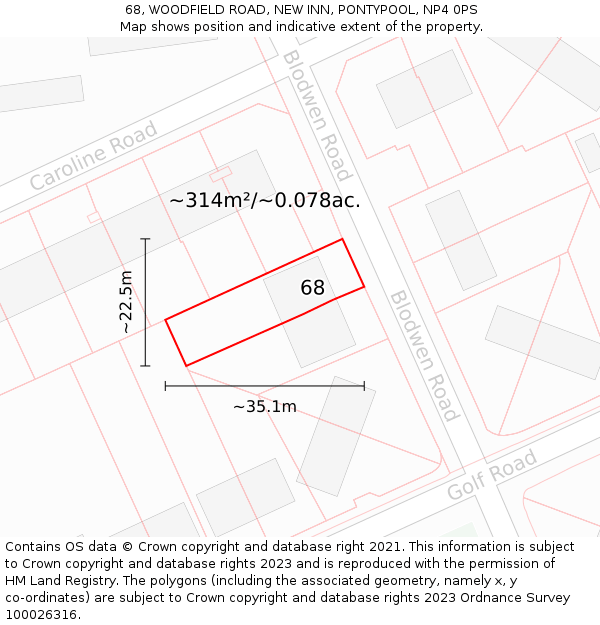 68, WOODFIELD ROAD, NEW INN, PONTYPOOL, NP4 0PS: Plot and title map