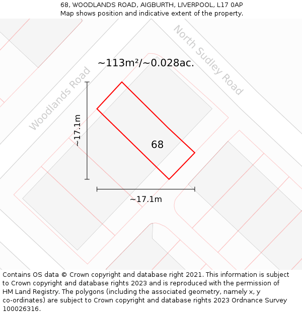 68, WOODLANDS ROAD, AIGBURTH, LIVERPOOL, L17 0AP: Plot and title map