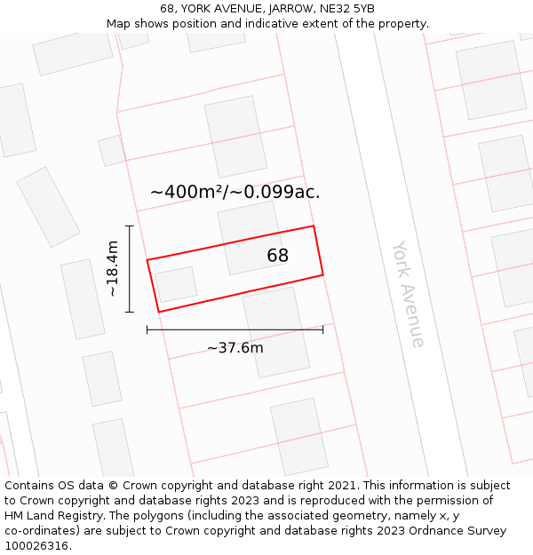 68, YORK AVENUE, JARROW, NE32 5YB: Plot and title map