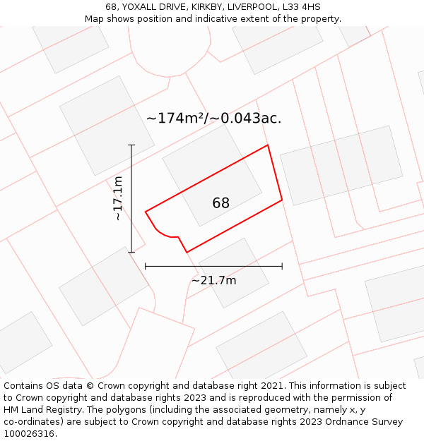 68, YOXALL DRIVE, KIRKBY, LIVERPOOL, L33 4HS: Plot and title map