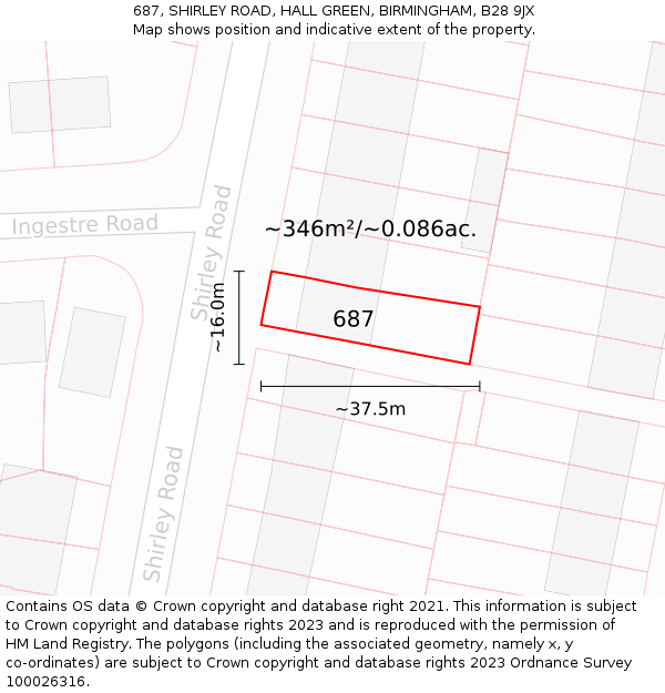 687, SHIRLEY ROAD, HALL GREEN, BIRMINGHAM, B28 9JX: Plot and title map