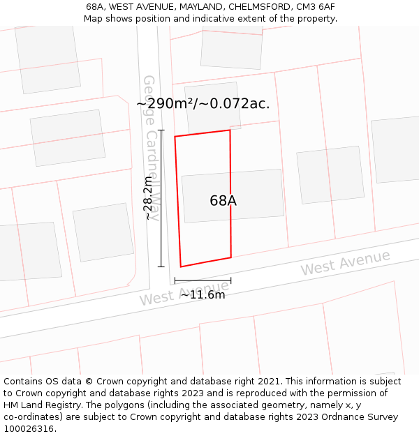 68A, WEST AVENUE, MAYLAND, CHELMSFORD, CM3 6AF: Plot and title map