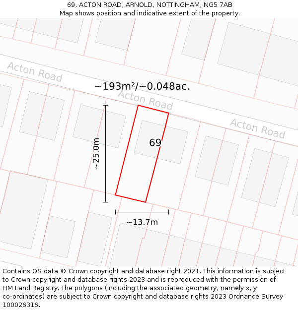 69, ACTON ROAD, ARNOLD, NOTTINGHAM, NG5 7AB: Plot and title map