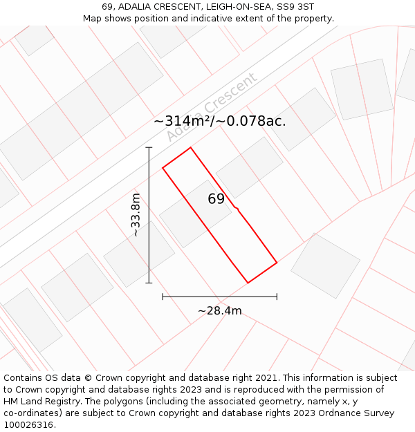 69, ADALIA CRESCENT, LEIGH-ON-SEA, SS9 3ST: Plot and title map