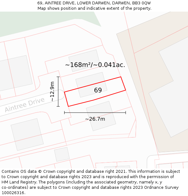 69, AINTREE DRIVE, LOWER DARWEN, DARWEN, BB3 0QW: Plot and title map