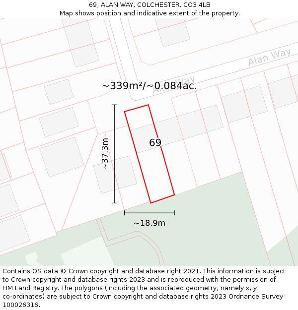 69, ALAN WAY, COLCHESTER, CO3 4LB: Plot and title map