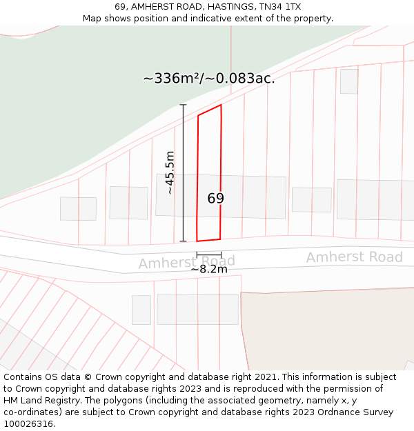 69, AMHERST ROAD, HASTINGS, TN34 1TX: Plot and title map