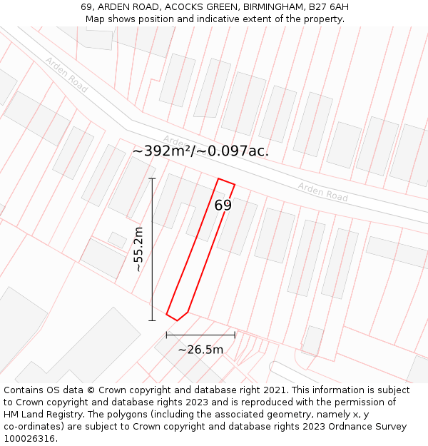 69, ARDEN ROAD, ACOCKS GREEN, BIRMINGHAM, B27 6AH: Plot and title map