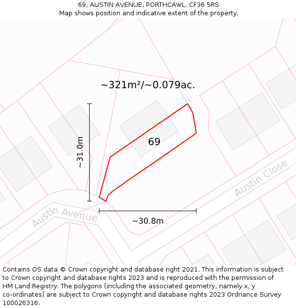 69, AUSTIN AVENUE, PORTHCAWL, CF36 5RS: Plot and title map