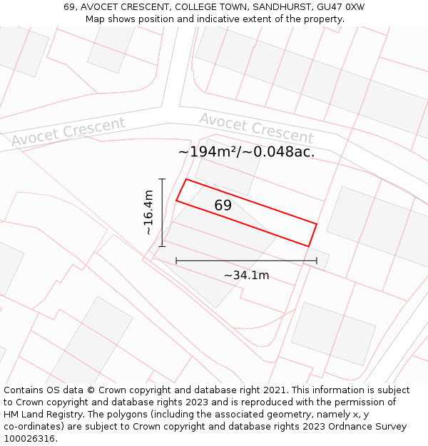 69, AVOCET CRESCENT, COLLEGE TOWN, SANDHURST, GU47 0XW: Plot and title map