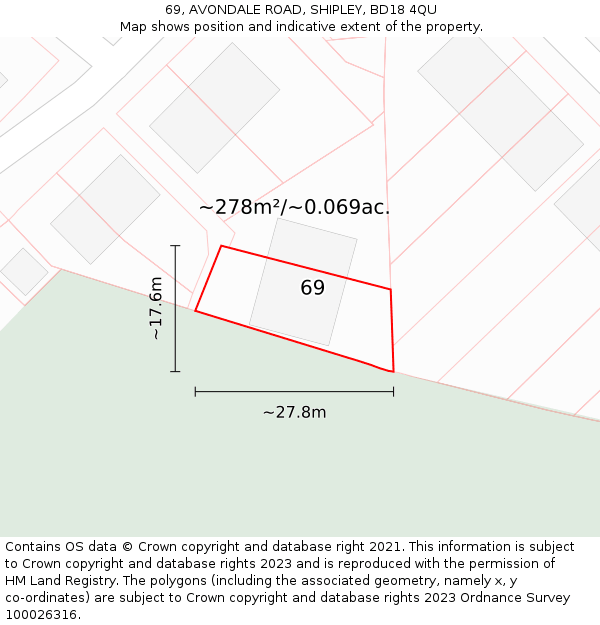 69, AVONDALE ROAD, SHIPLEY, BD18 4QU: Plot and title map