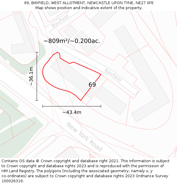 69, BAYFIELD, WEST ALLOTMENT, NEWCASTLE UPON TYNE, NE27 0FE: Plot and title map