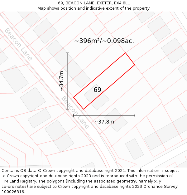 69, BEACON LANE, EXETER, EX4 8LL: Plot and title map