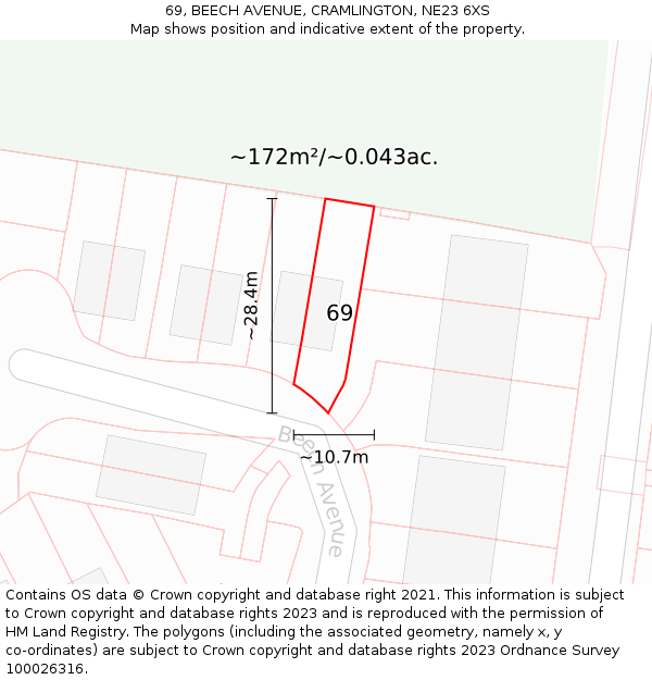 69, BEECH AVENUE, CRAMLINGTON, NE23 6XS: Plot and title map