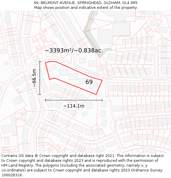 69, BELMONT AVENUE, SPRINGHEAD, OLDHAM, OL4 4RS: Plot and title map