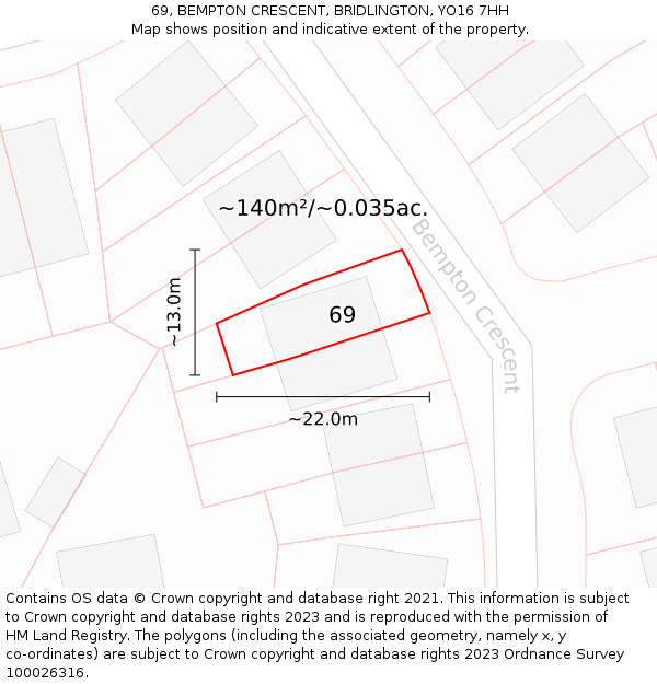 69, BEMPTON CRESCENT, BRIDLINGTON, YO16 7HH: Plot and title map