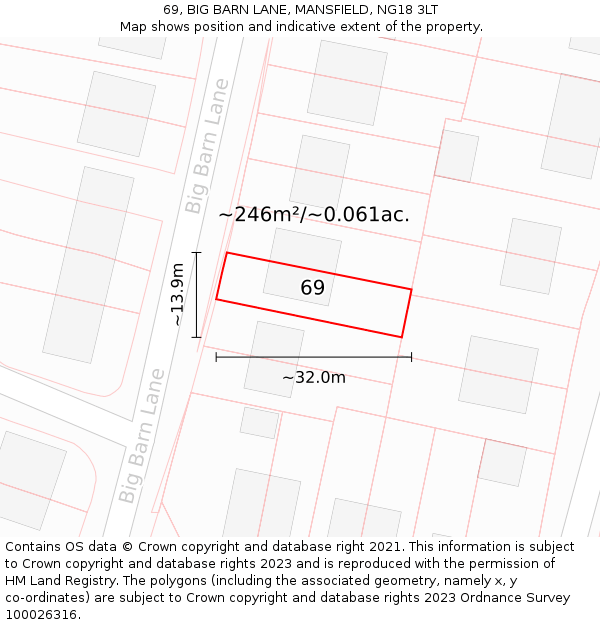 69, BIG BARN LANE, MANSFIELD, NG18 3LT: Plot and title map