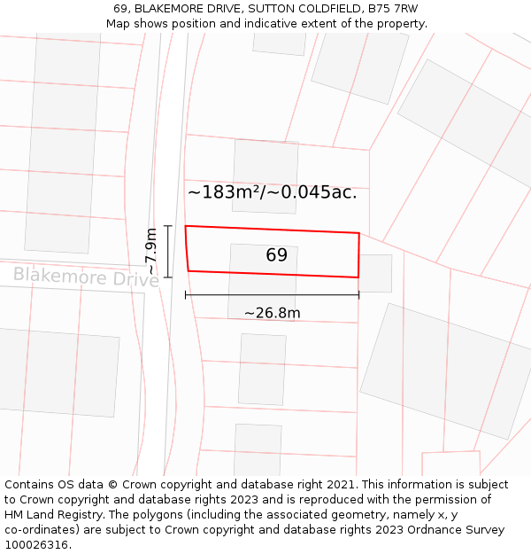 69, BLAKEMORE DRIVE, SUTTON COLDFIELD, B75 7RW: Plot and title map