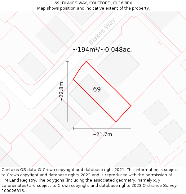 69, BLAKES WAY, COLEFORD, GL16 8EX: Plot and title map