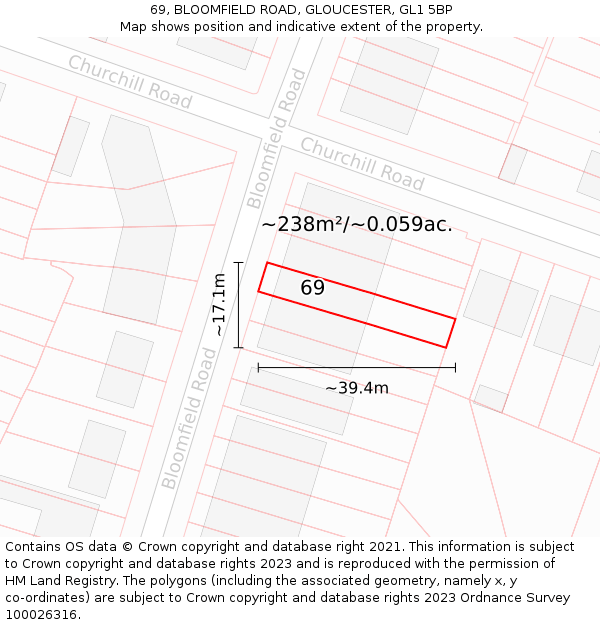 69, BLOOMFIELD ROAD, GLOUCESTER, GL1 5BP: Plot and title map