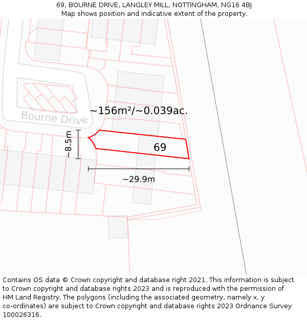 69, BOURNE DRIVE, LANGLEY MILL, NOTTINGHAM, NG16 4BJ: Plot and title map