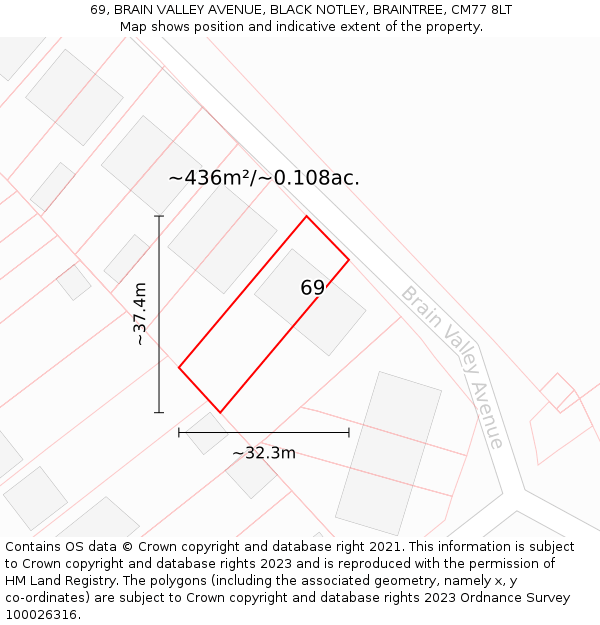 69, BRAIN VALLEY AVENUE, BLACK NOTLEY, BRAINTREE, CM77 8LT: Plot and title map