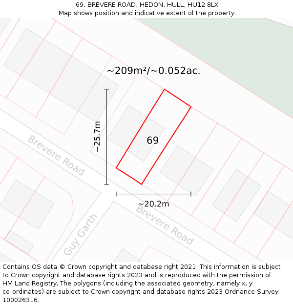 69, BREVERE ROAD, HEDON, HULL, HU12 8LX: Plot and title map